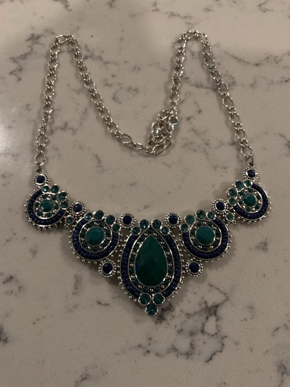 Premier Silver-Tone Teardrop Statement Necklace with Blue-Green Stones Like New